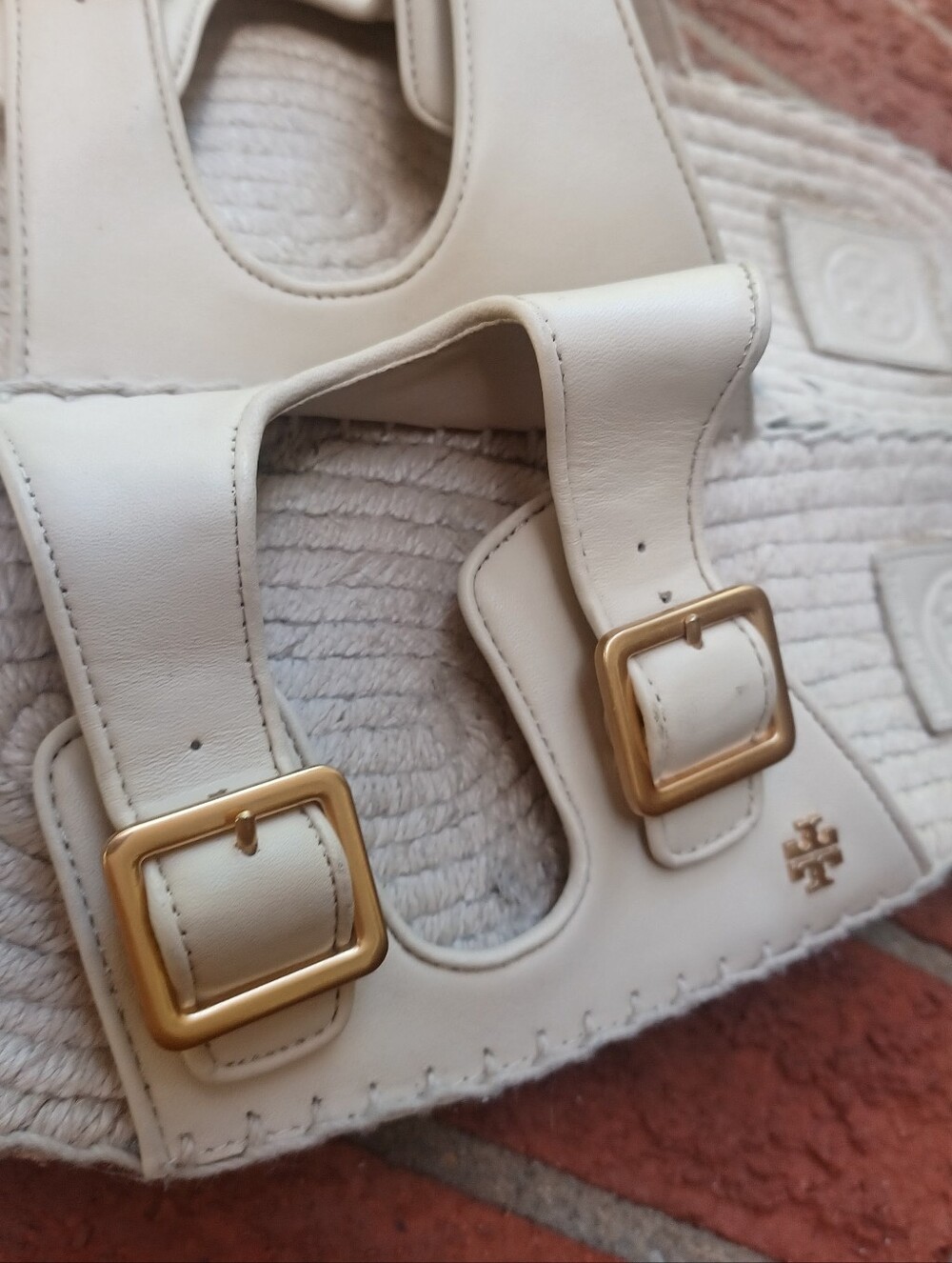 Tory Burch Cream Leather Double Buckle Espadrille Slides - Picture 3 of 7